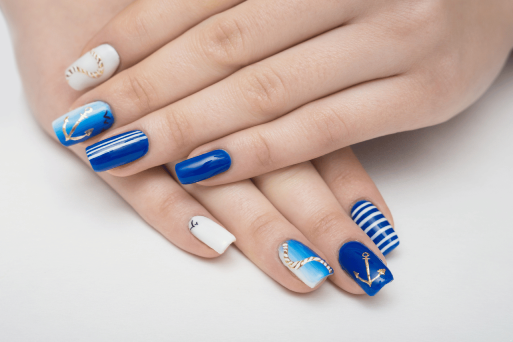 what are overlay nails? Blue nails for an upcoming cruise.